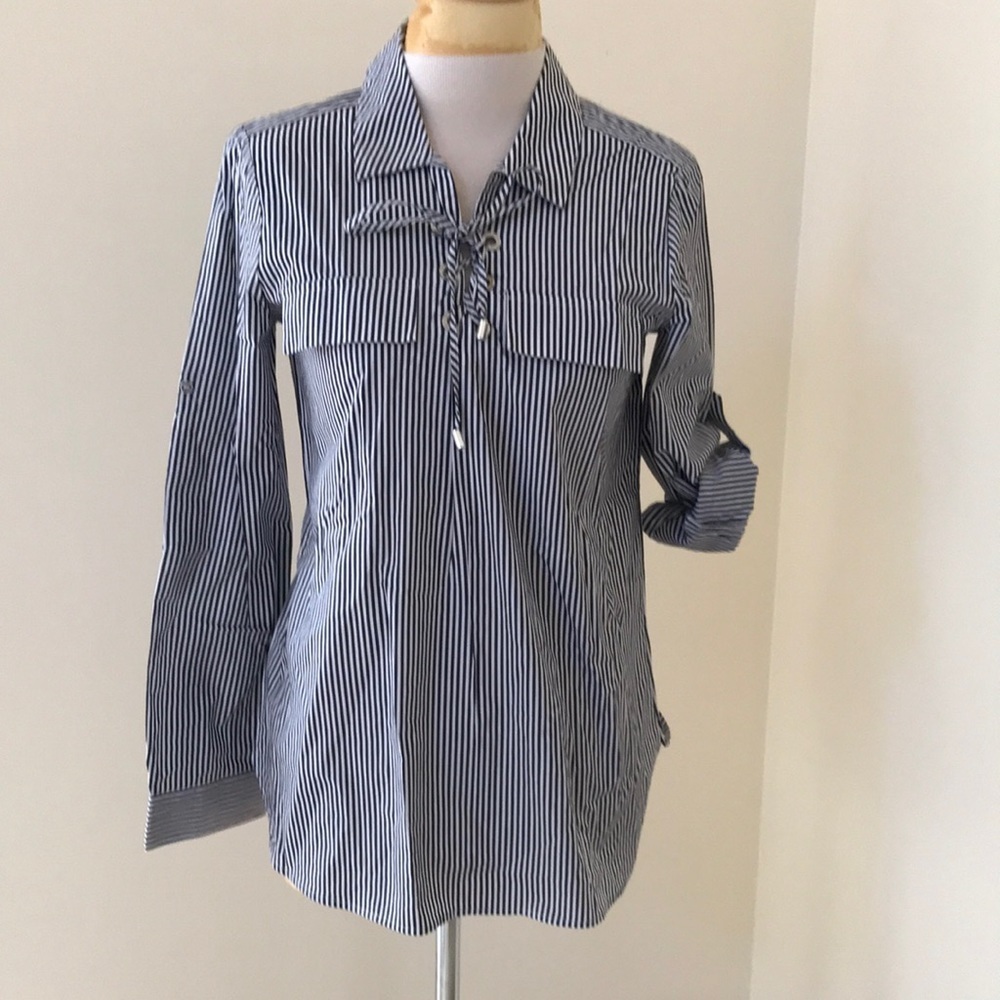 Calvin Klein small striped lace up shirt with sleeve tabs.